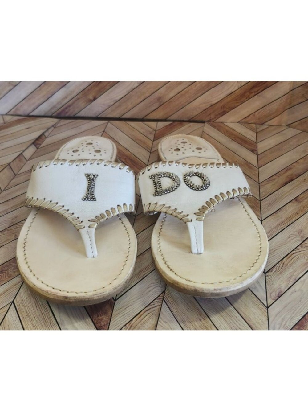 Jack Rogers White Gold Beaded I Do thong Flip Flop Wedding Engagement Size 7